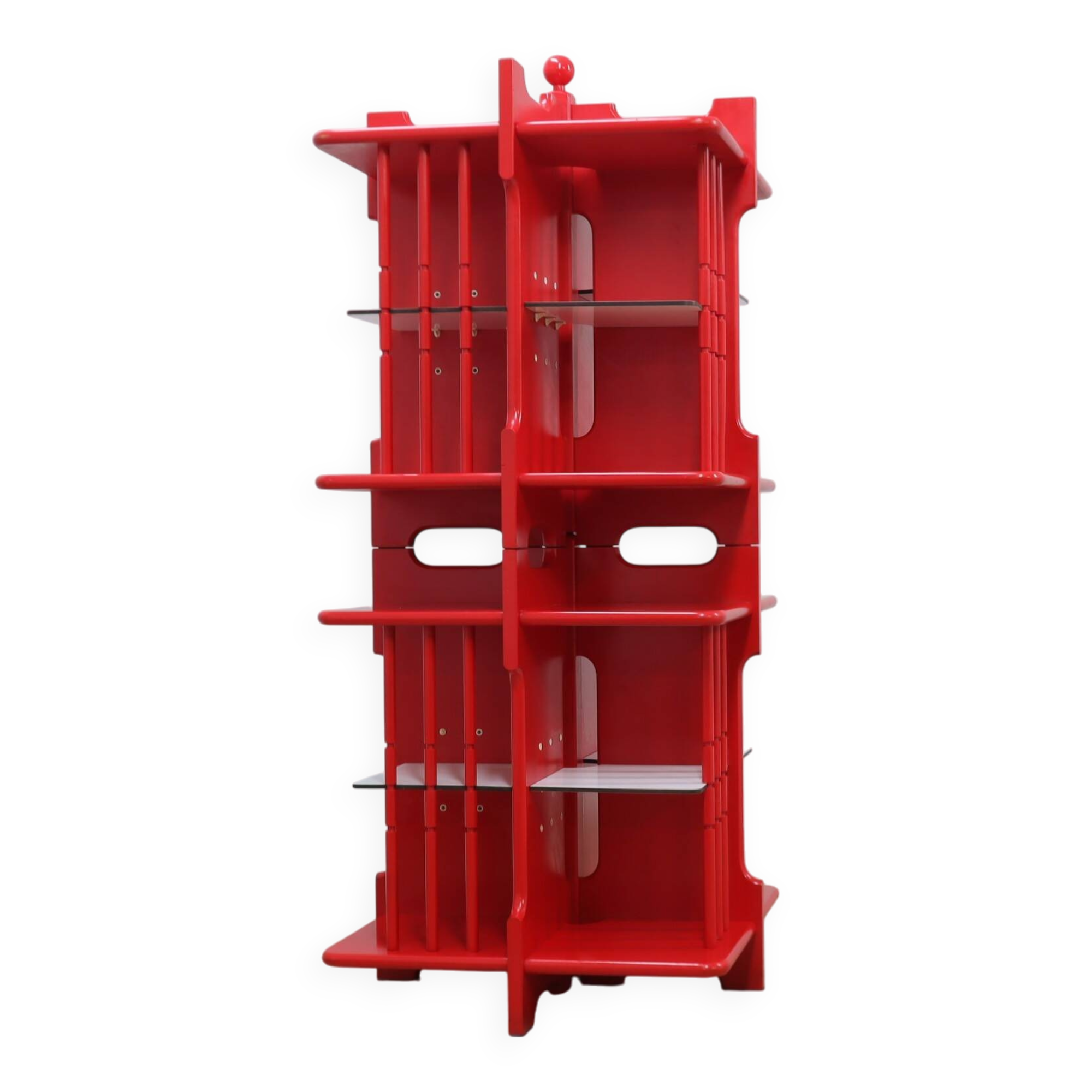 Modular Italian red lacquered solid wood bookshelf, 1960s