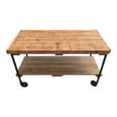 Établi / console industrielle en bois ancien à roulettes