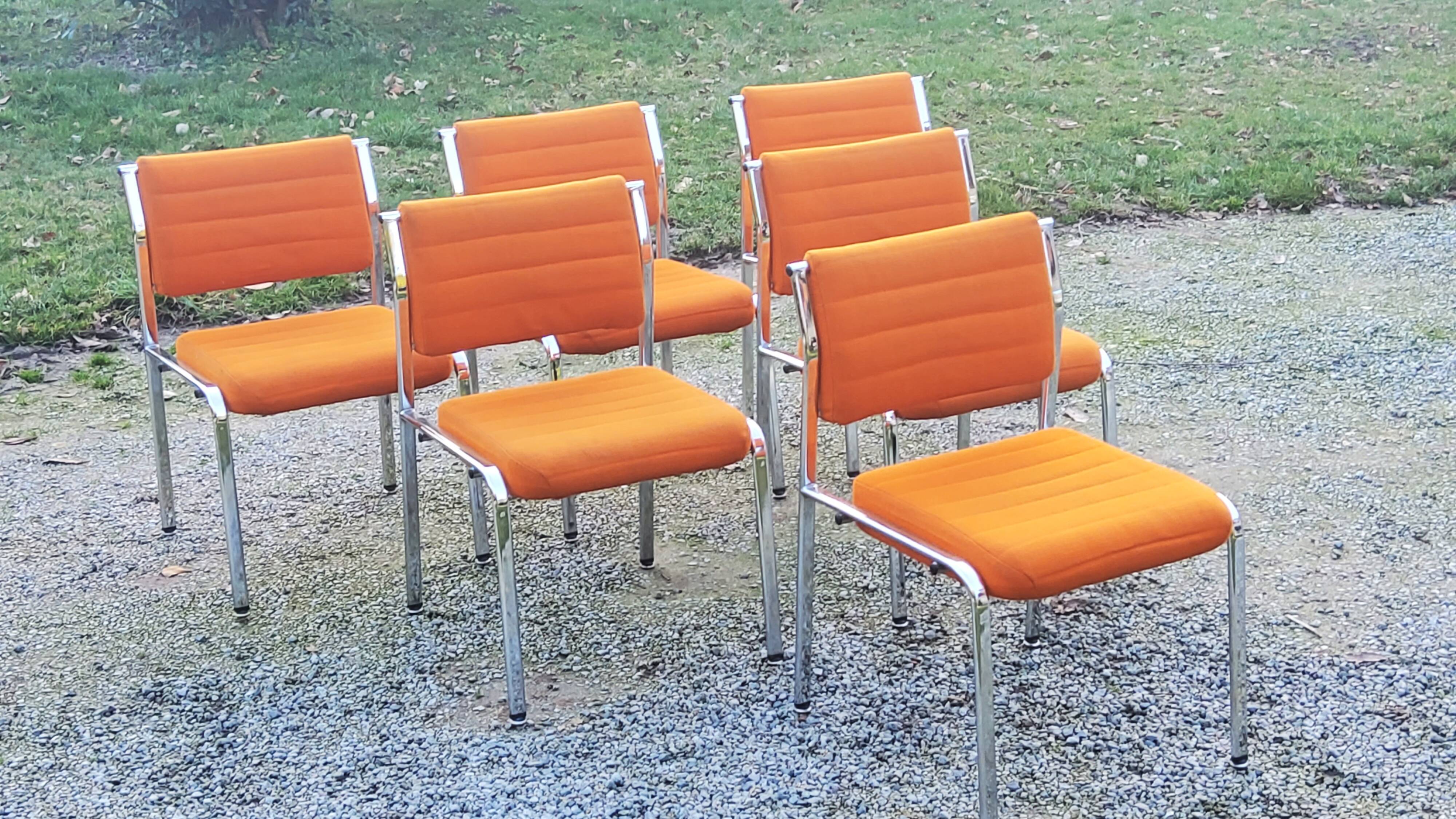 Set of 6 designer chairs from the 70s orange fabrics and chrome tubes