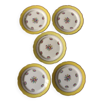 A lot of 5 flat plates yellow gilding flowers Digoin Sarreguemines Graziella