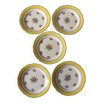 Un lot 5 assiettes plates jaune dorure fleurs Digoin Sarreguemines Graziella