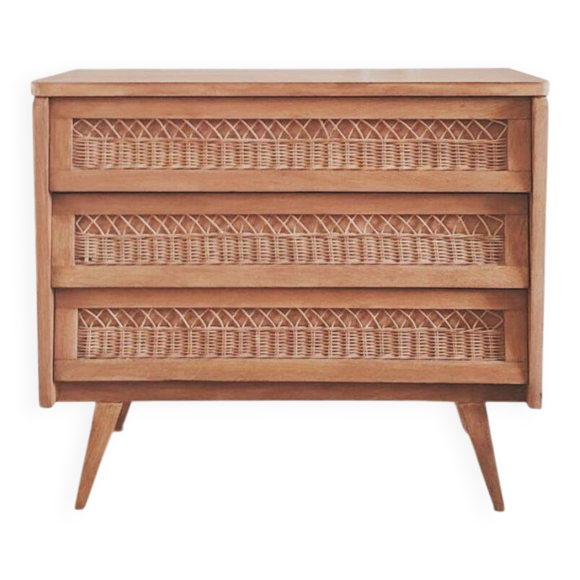 Renovated vintage chest of drawers, 1960s, made of wood and rattan.