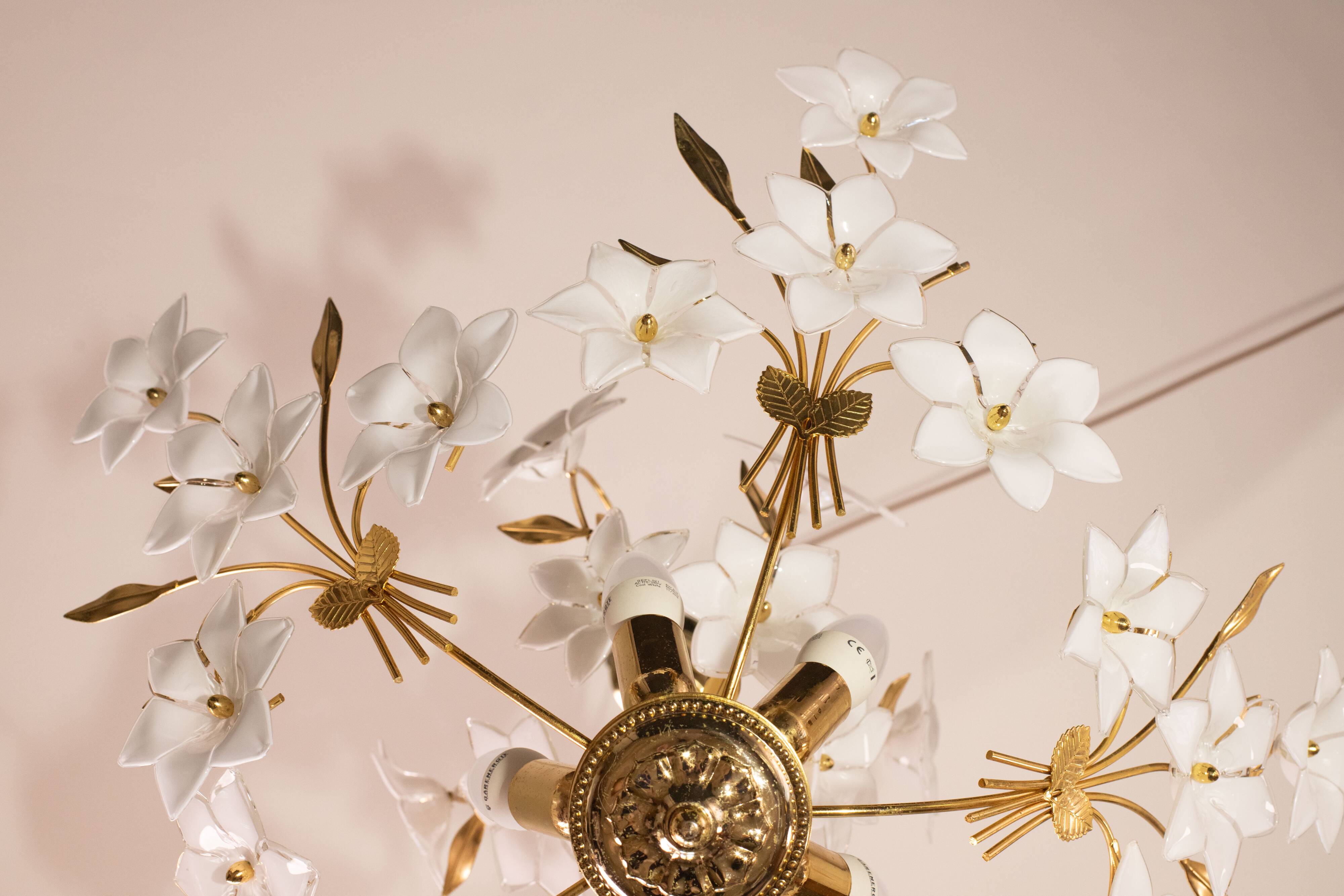 Vintage Murano Glass Chandelier White Flowers, 1970