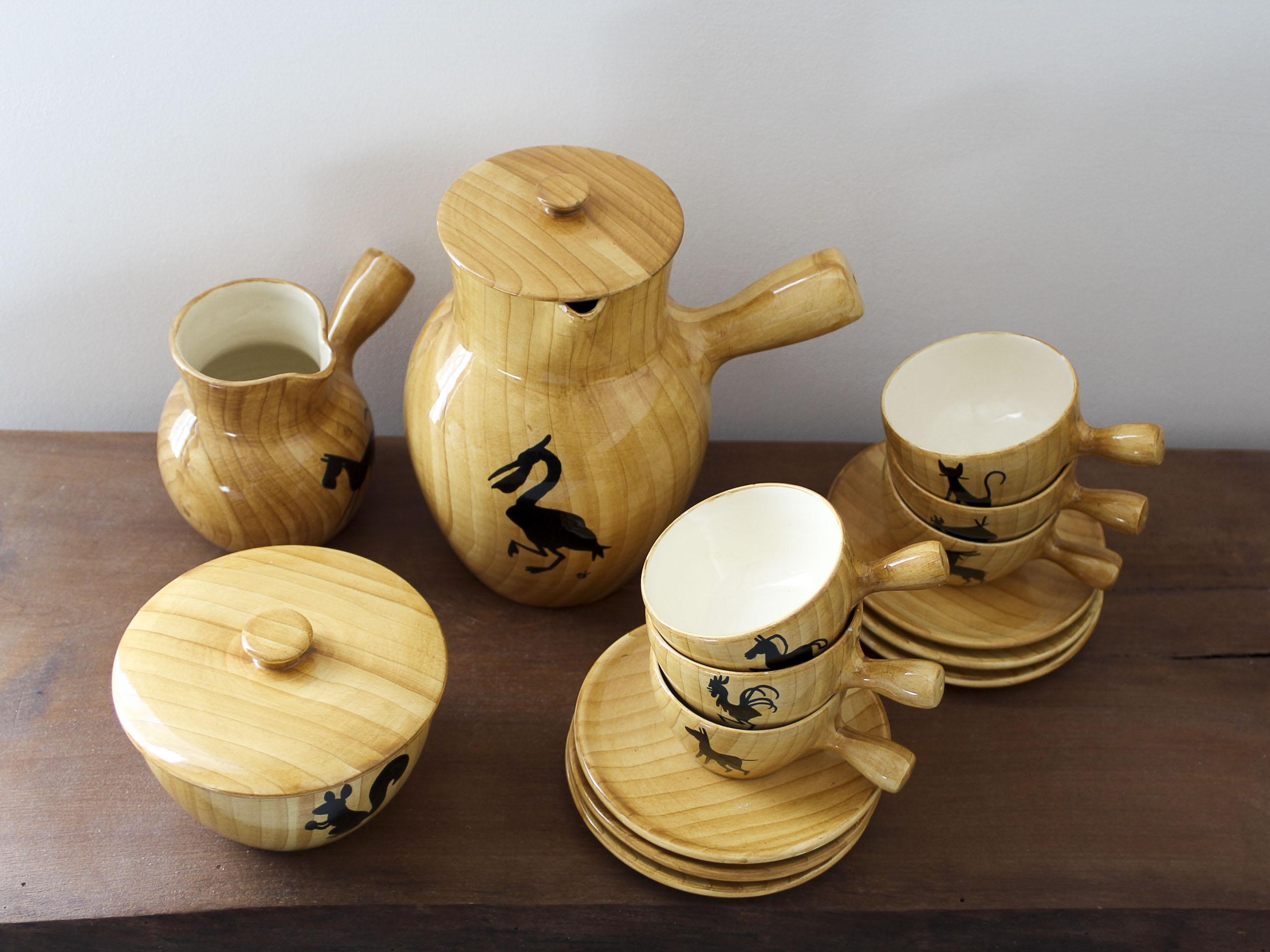 Ceramic coffee set imitation wood Grandjean-Jourdan Vallauris