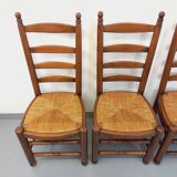 Set of 4 vintage brutalist Charles Dudouyt chairs in wood and straw from the 60s