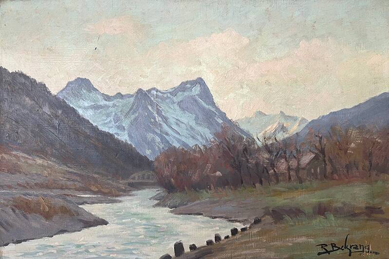 Painting "River of the Alps", Oil on panel, framed