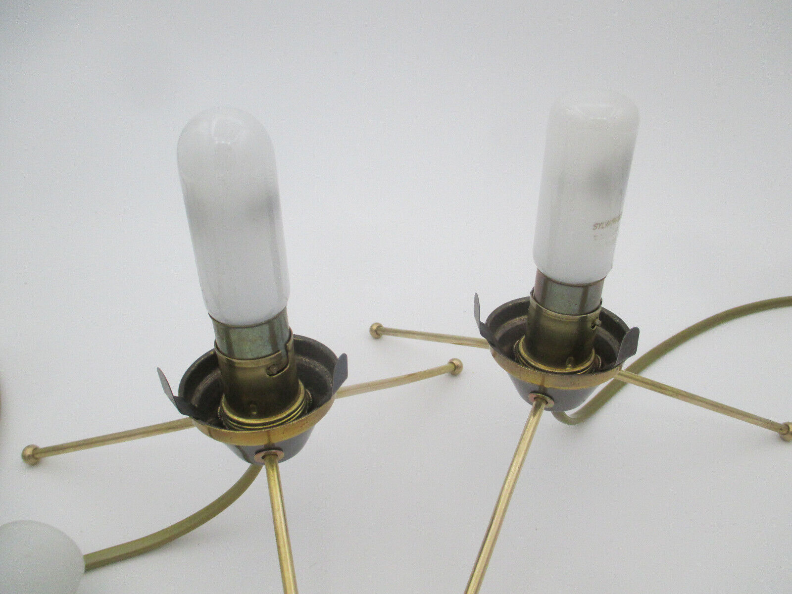 Pair of vintage brass tripod lamps and opaline tulips