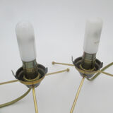 Pair of vintage brass tripod lamps and opaline tulips