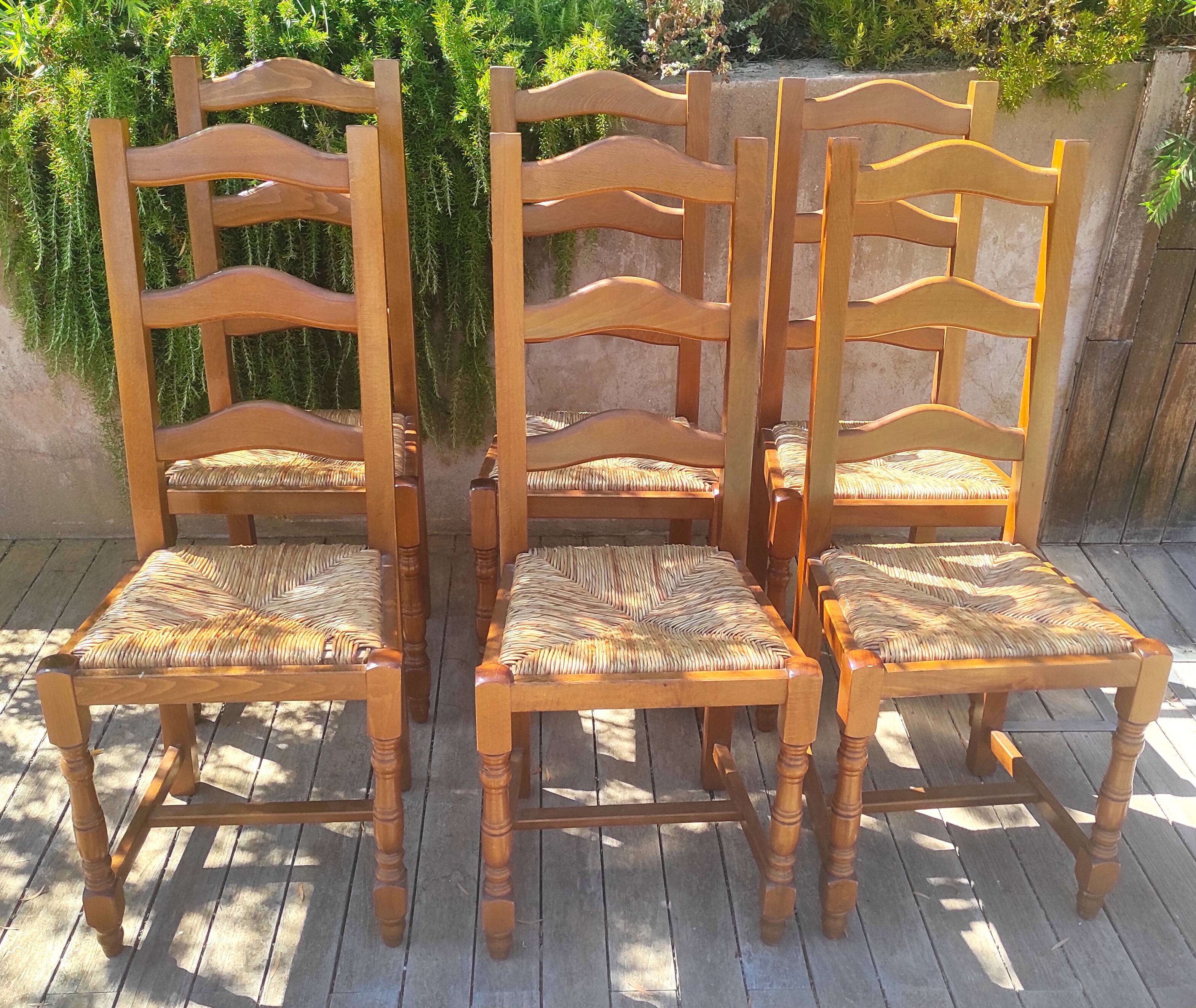 Rustic straw seat wooden chair / 1 set of 6 chairs