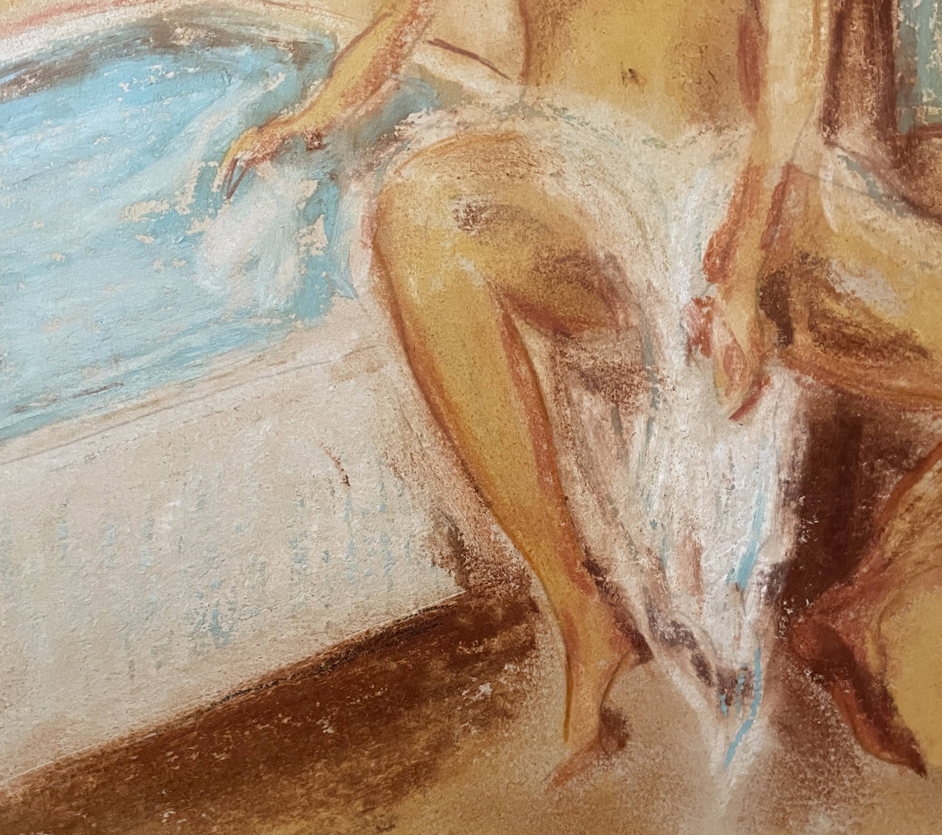 Signed pastel painting "The Bath" featuring a female portrait.