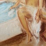 Tableau signé pastel  portrait féminin « le bain »