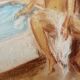 Tableau signé pastel  portrait féminin « le bain »