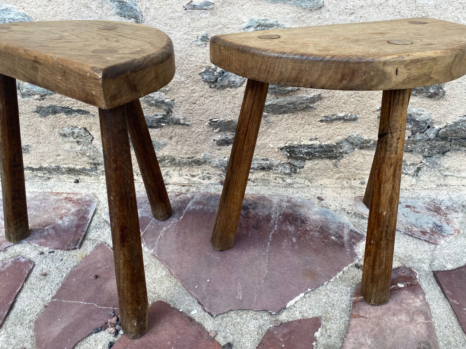 Pair of solid oak truss tripod stools