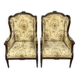 Large pair of Louis XVI style carved wooden wingback armchairs