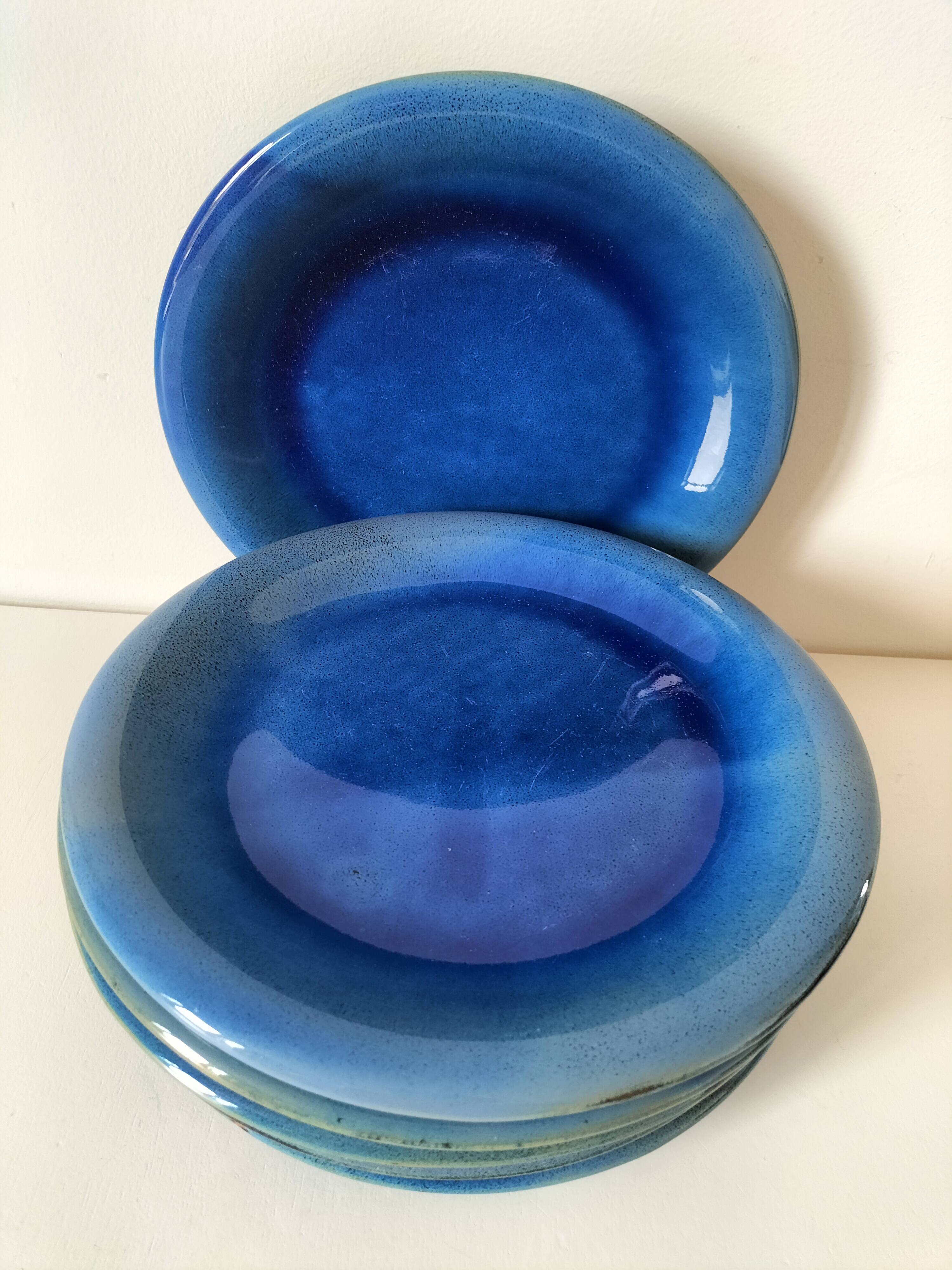 6 assiettes en grès émaillé – bleu cobalt & turquoise