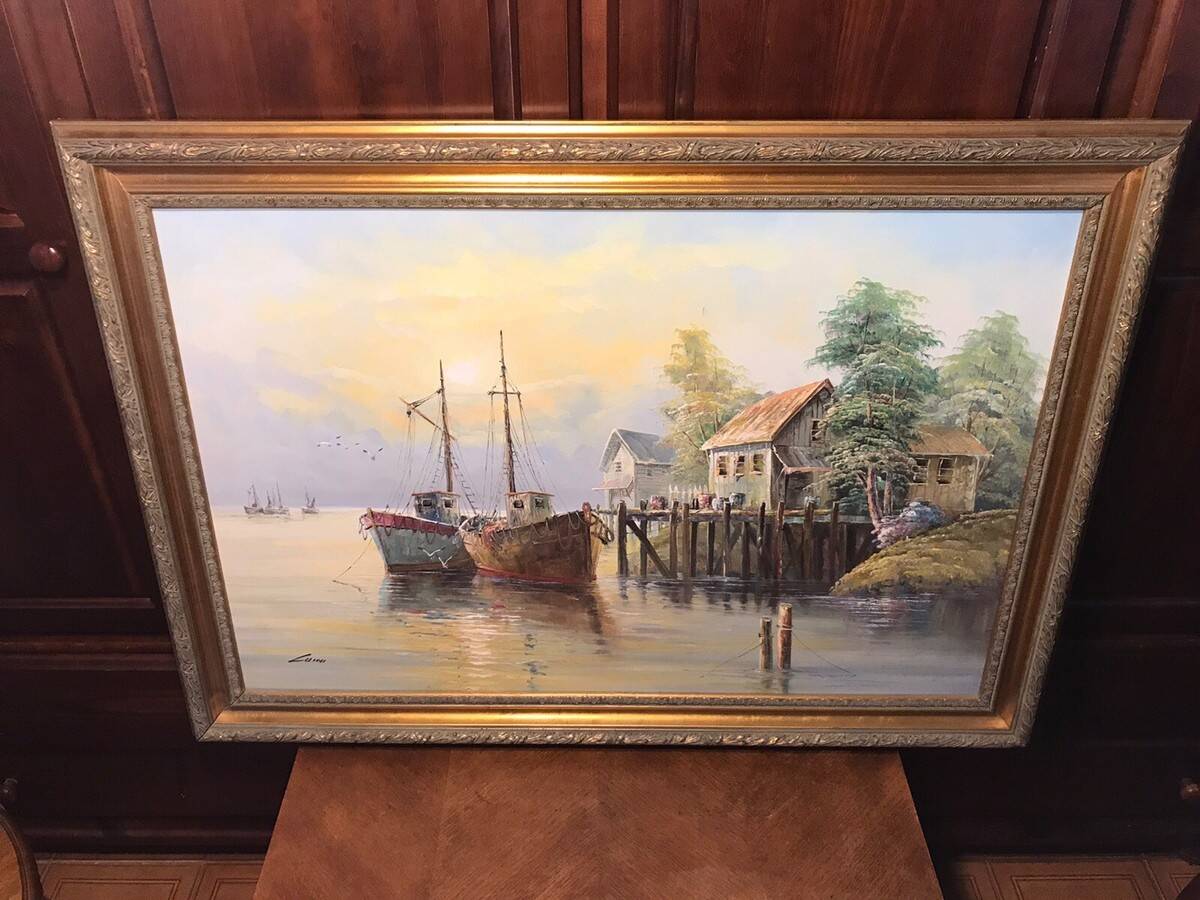 Oil on canvas john luini marine view boats + golden frame
