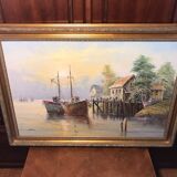 Oil on canvas john luini marine view boats + golden frame