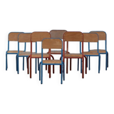 8 vintage wooden and metal school chairs