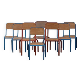 8 vintage wooden and metal school chairs