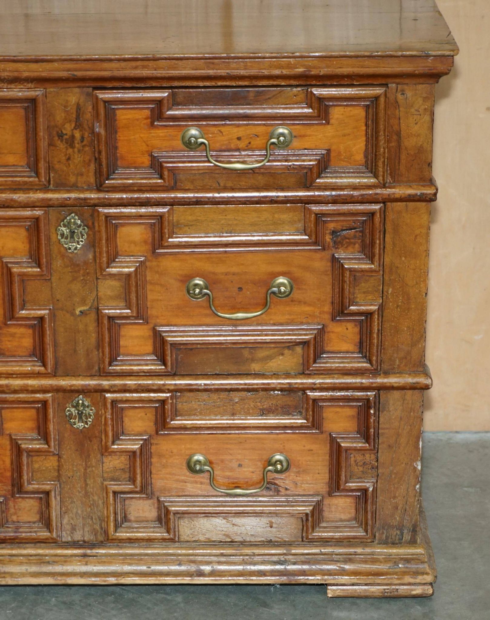 17th Century Antique Oak Commode with Two Rows of Drawers