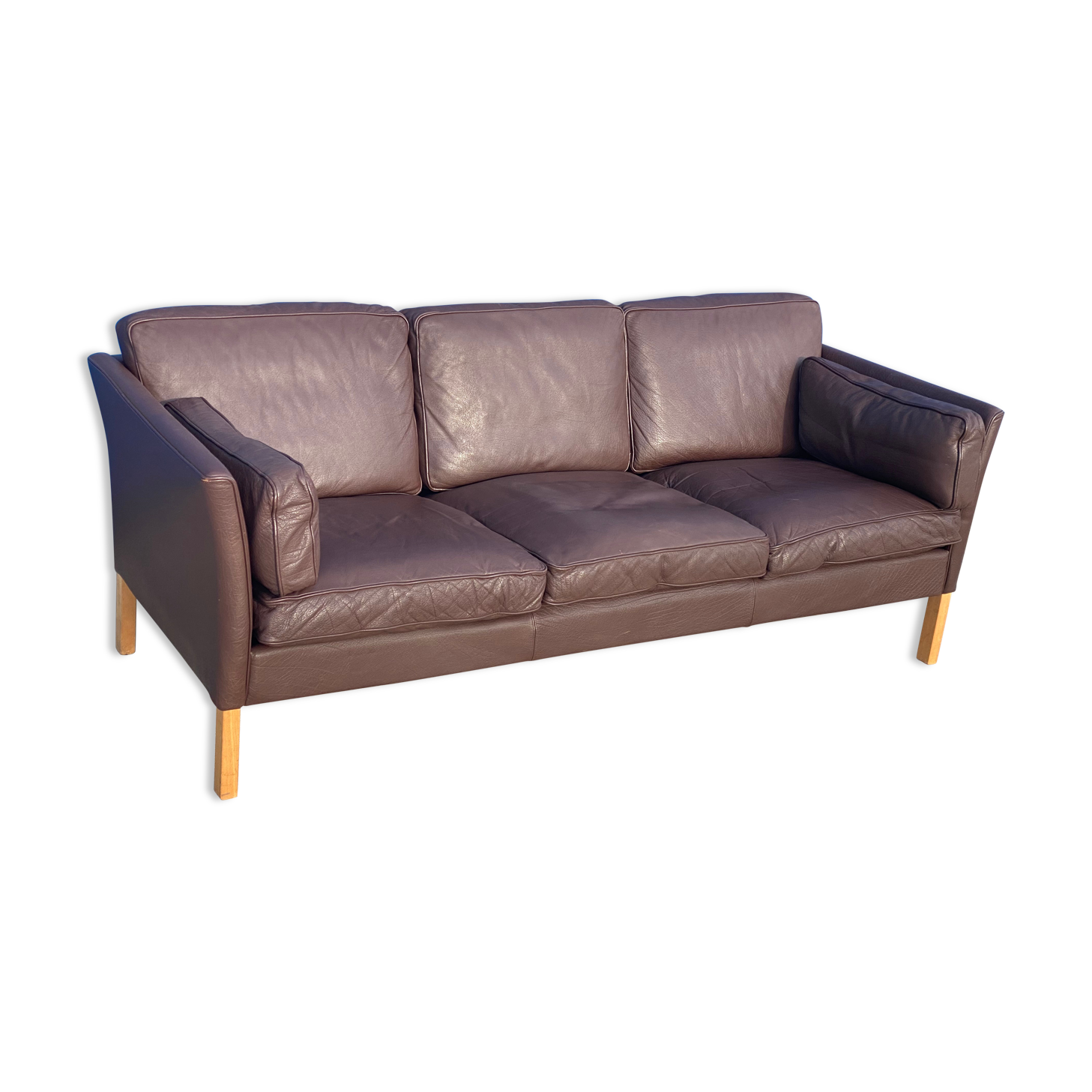Danish brown leather three seater sofa