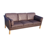 Danish brown leather three seater sofa