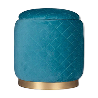 Velour upholstered turquoise blue pouffe with brass base