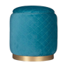 Velour upholstered turquoise blue pouffe with brass base