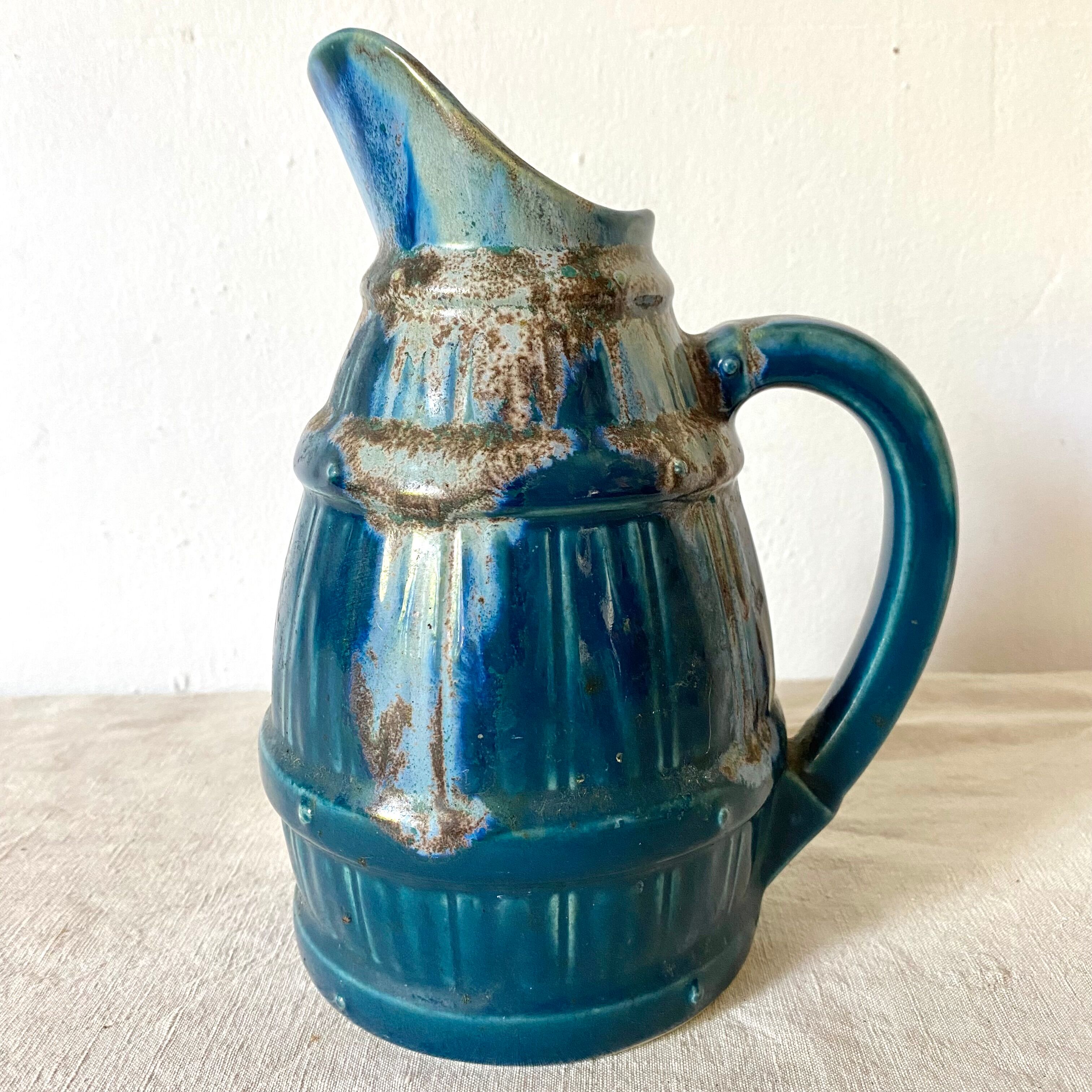 Blue barrel ceramic pitcher