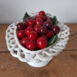 Braided basket of porcelain cherries, Bassano vintage 60s