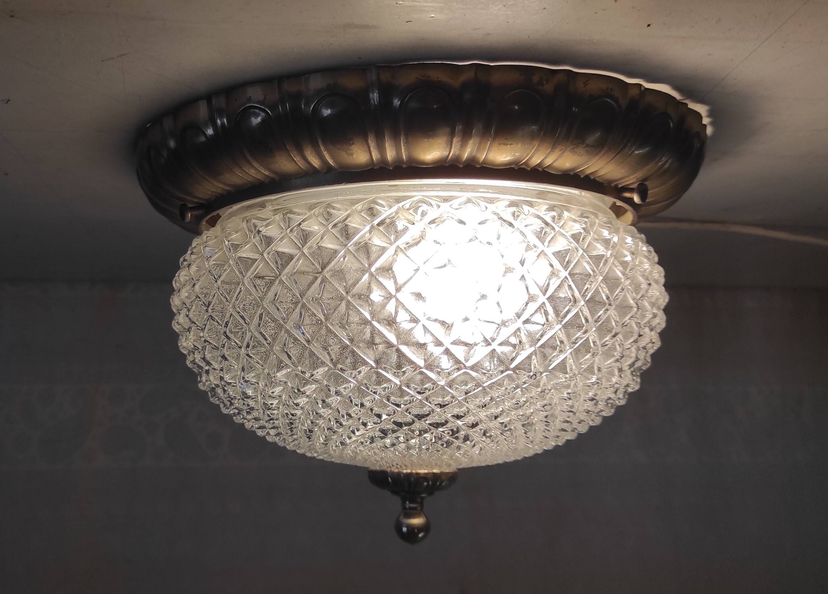 Golden brass ceiling light with diamond-shaped moulded glass - 1980s