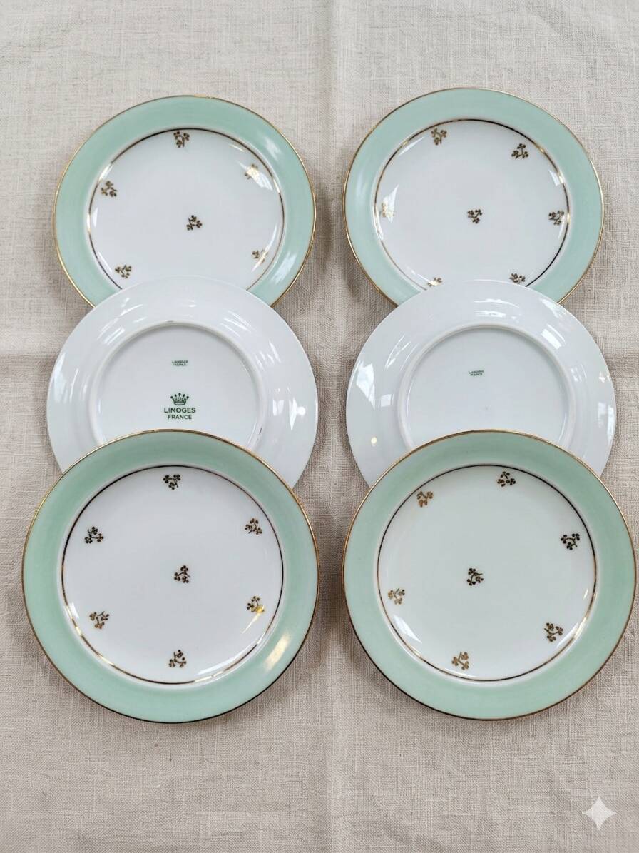 Set of 6 dessert plates in Limoges porcelain - Water green
