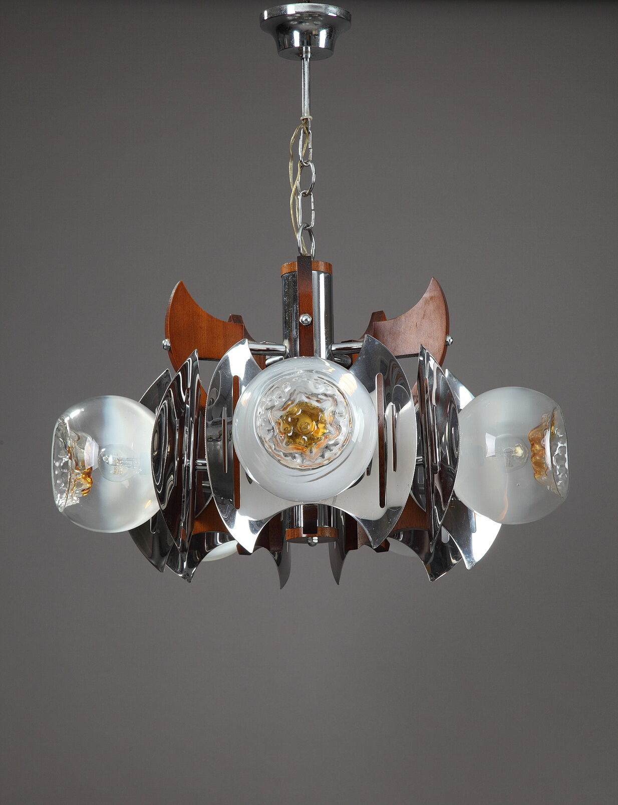 Mazzega chandelier in murano glass, chrome and wood, 1970's