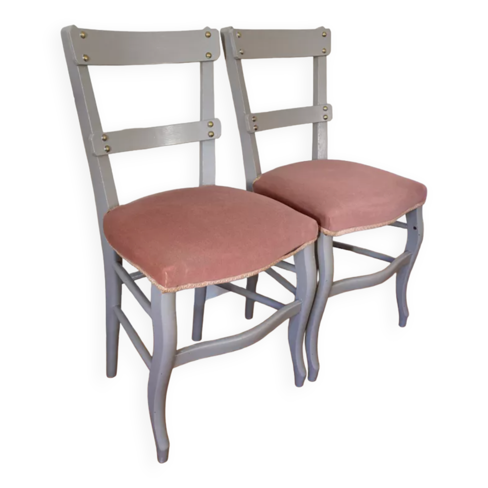 Pair of chairs in gray wood and pink velvet Louis XV style