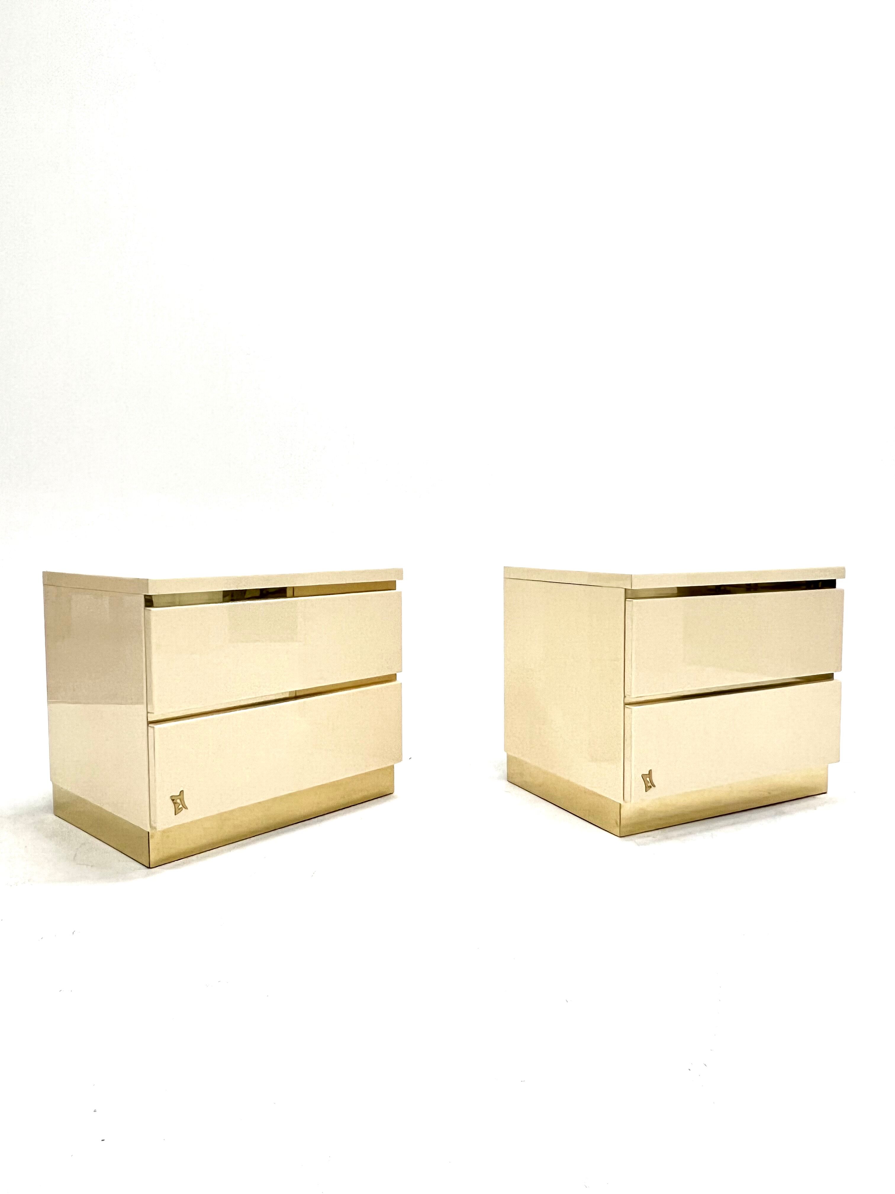 Pair of lacquer and brass bedside tables Éric Maville 1970