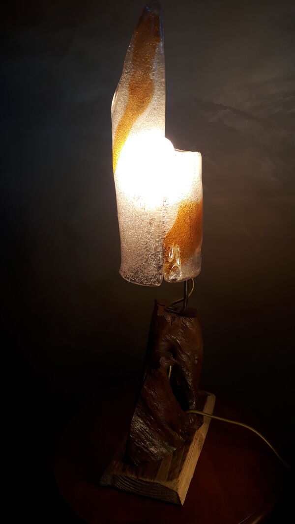 Lampe verre Murano Italie 1970  pied  racine bois exotique