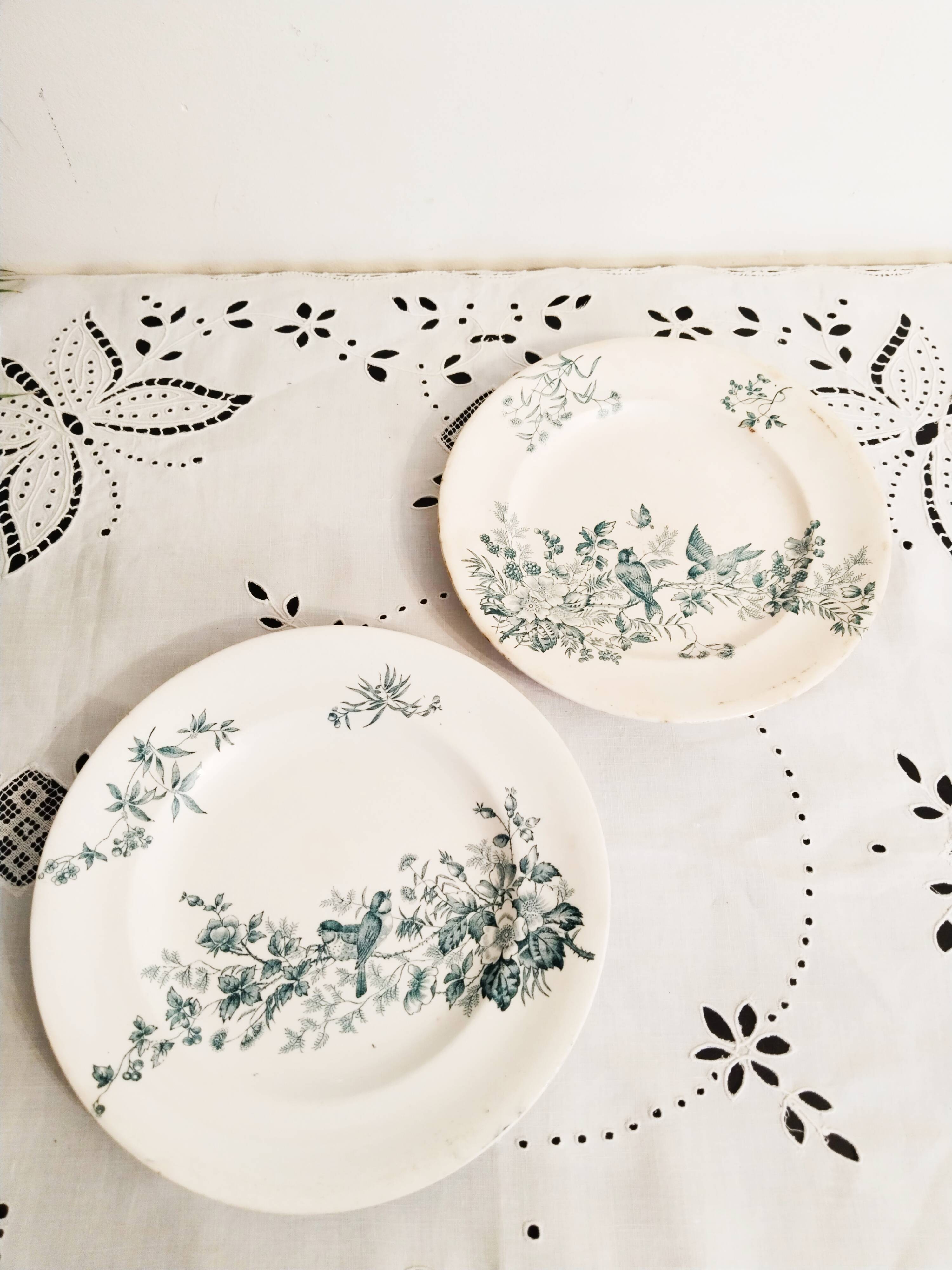 Set of 2 Longwy earthenware plates, Mignon model, blue/green