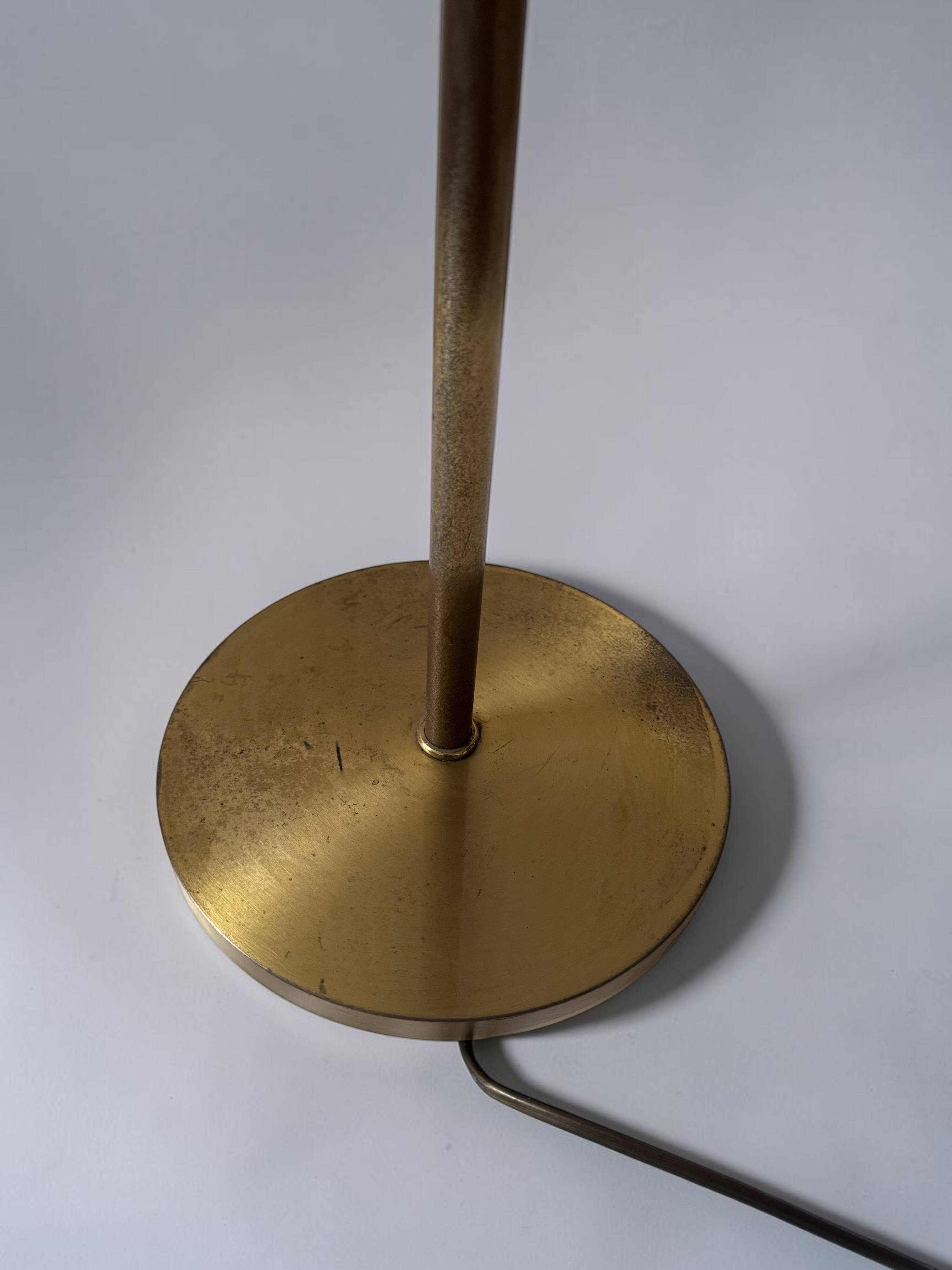 Brass reading floor lamp, adjustable arm, vintage anthracite shade.