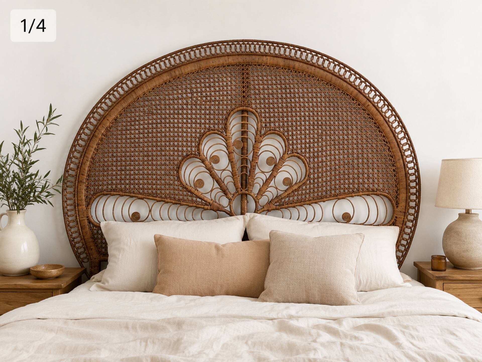 Large vintage headboard in woven rattan fan / Peacock 180cm
