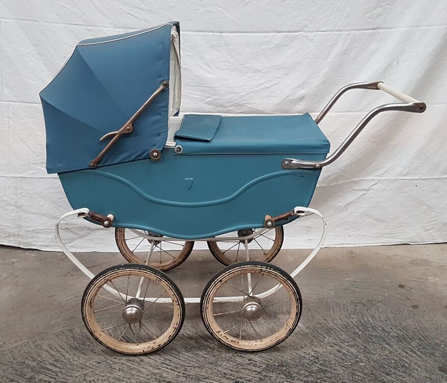 Ancienne Poussette Poupée Métal + Roues + Capote Jouet Enfant Années 50  Vintage