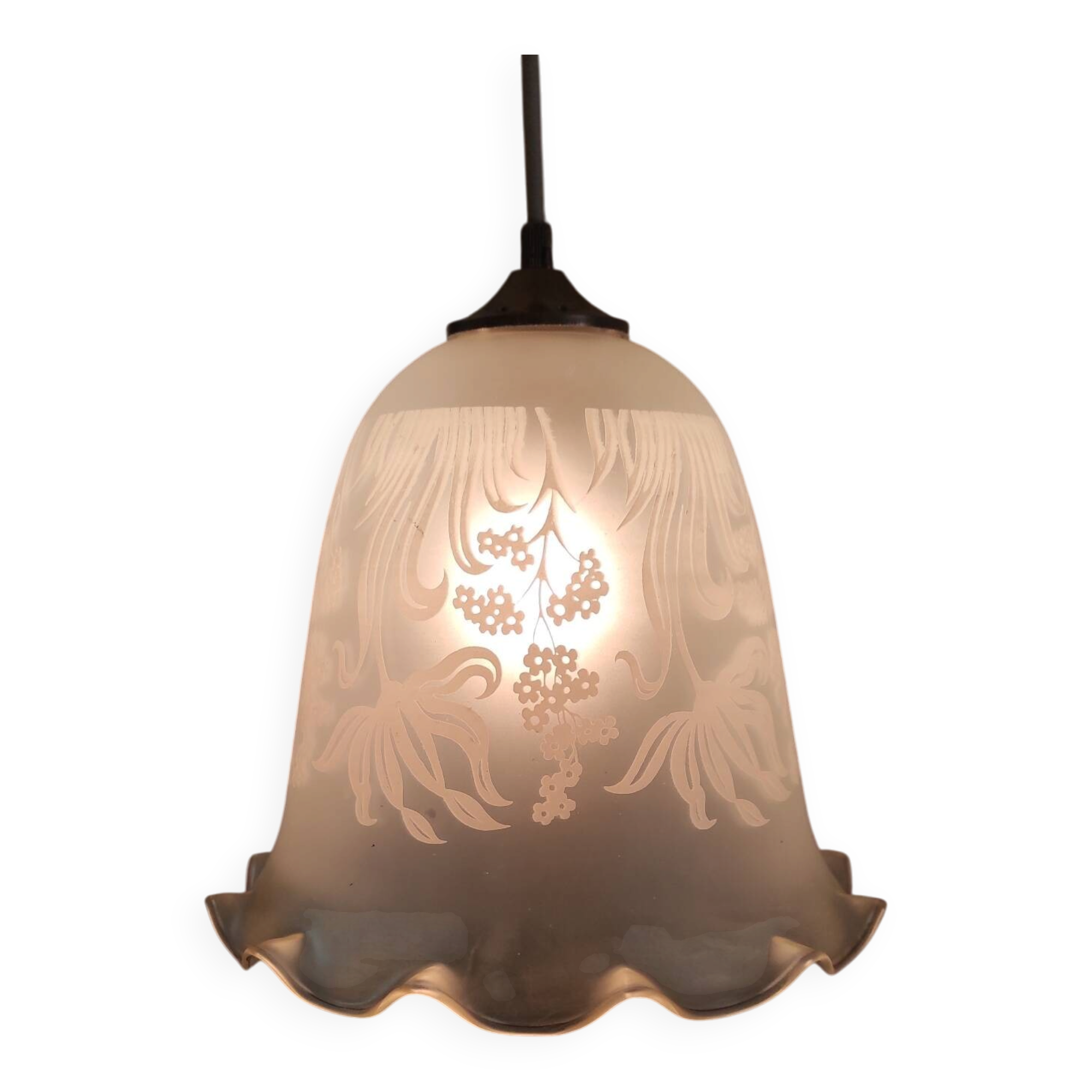 Suspension style Art Nouveau glass globe with screen-printed floral pattern.
