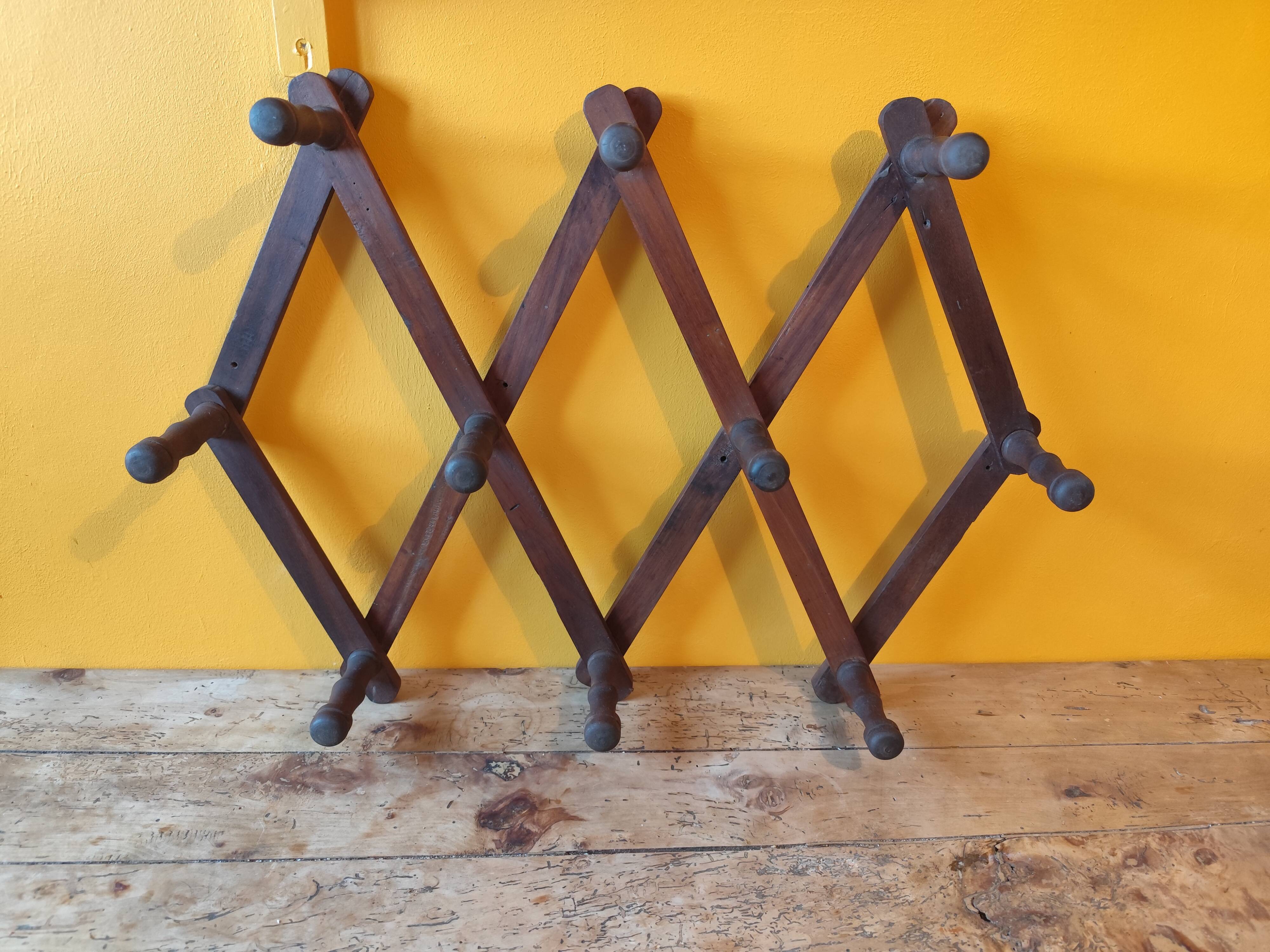 Old telescopic wooden wall coat rack - 10 accordion hook coat rack