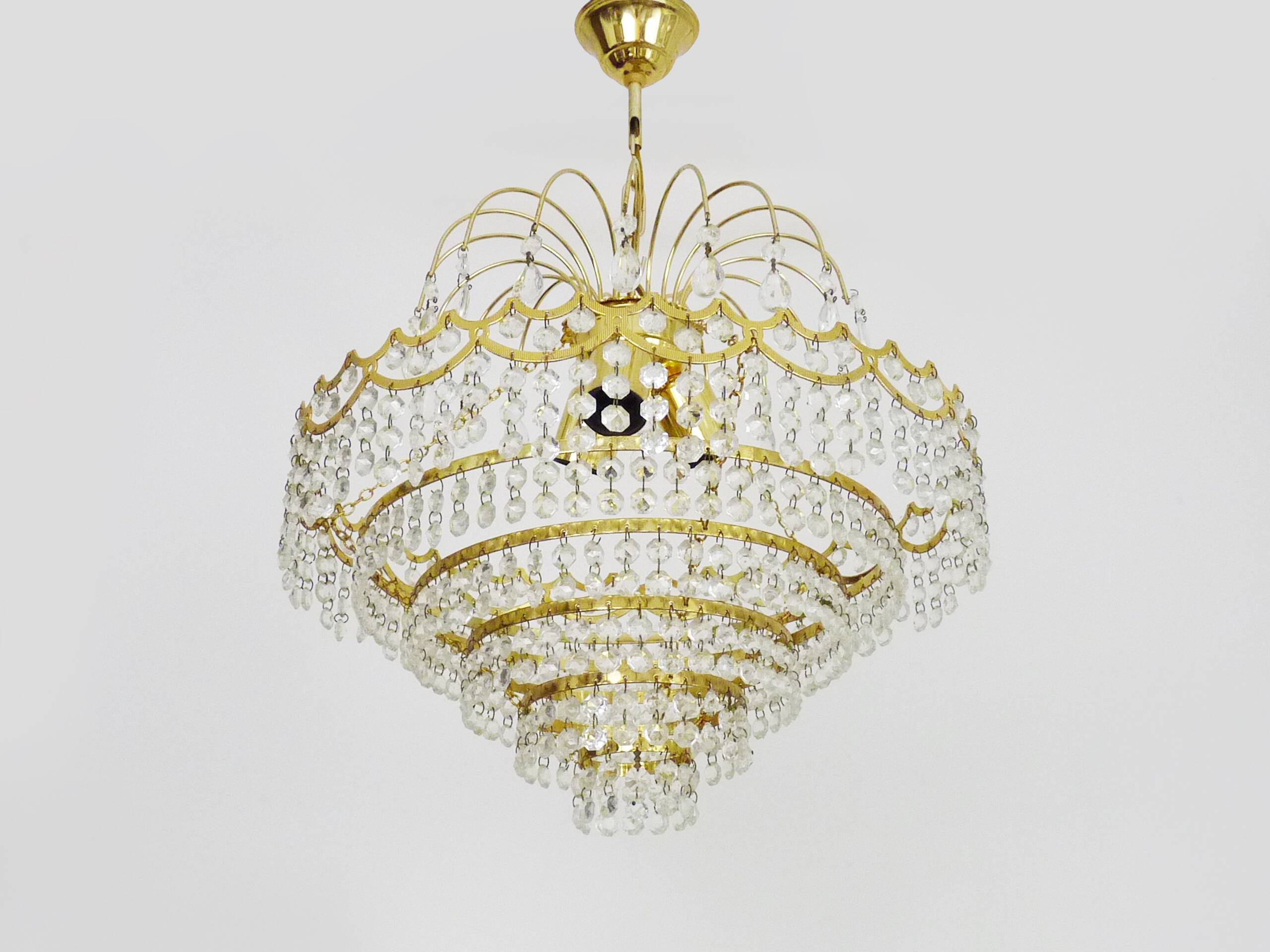 Antique chandelier, brass crown ceiling light, 6 tiers, 3 lights, 70s 80s