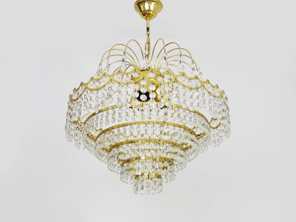 Ancien lustre, plafonnier couronne en laiton, 6 étages, 3 feux, Années 70 80