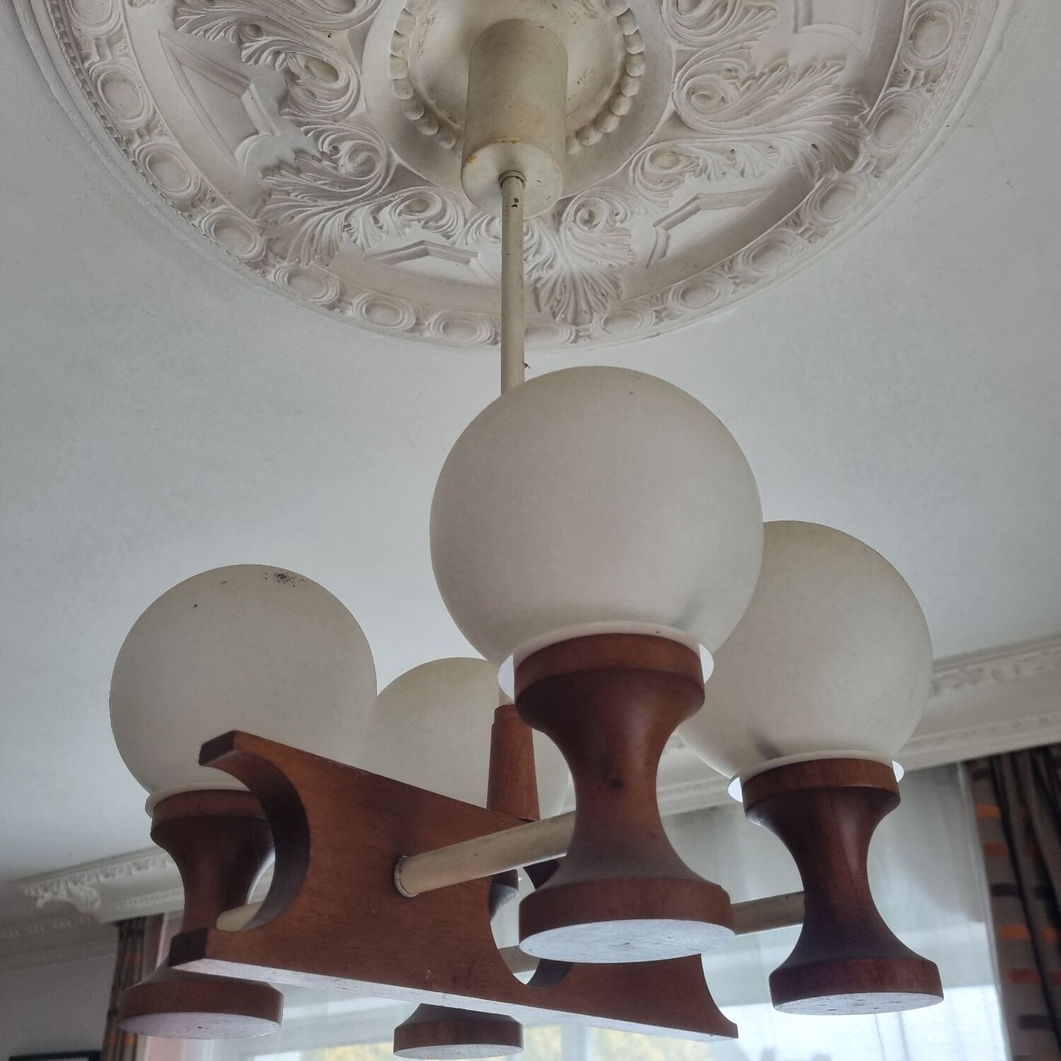 1960s Scandinavian chandelier, teak and white opaline.