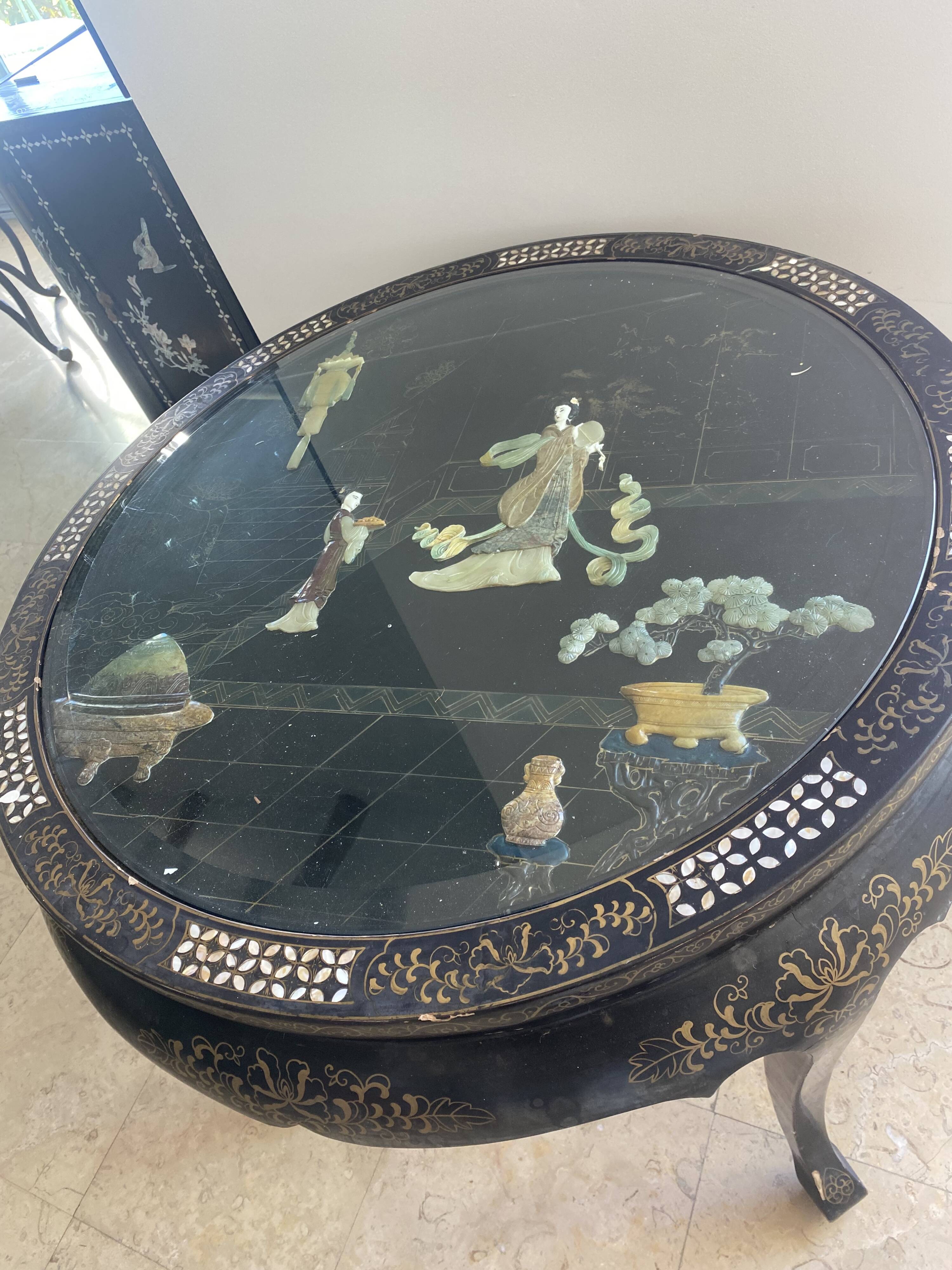 Chinese decorative table – black lacquer, jade and mother-of-pearl inlays
