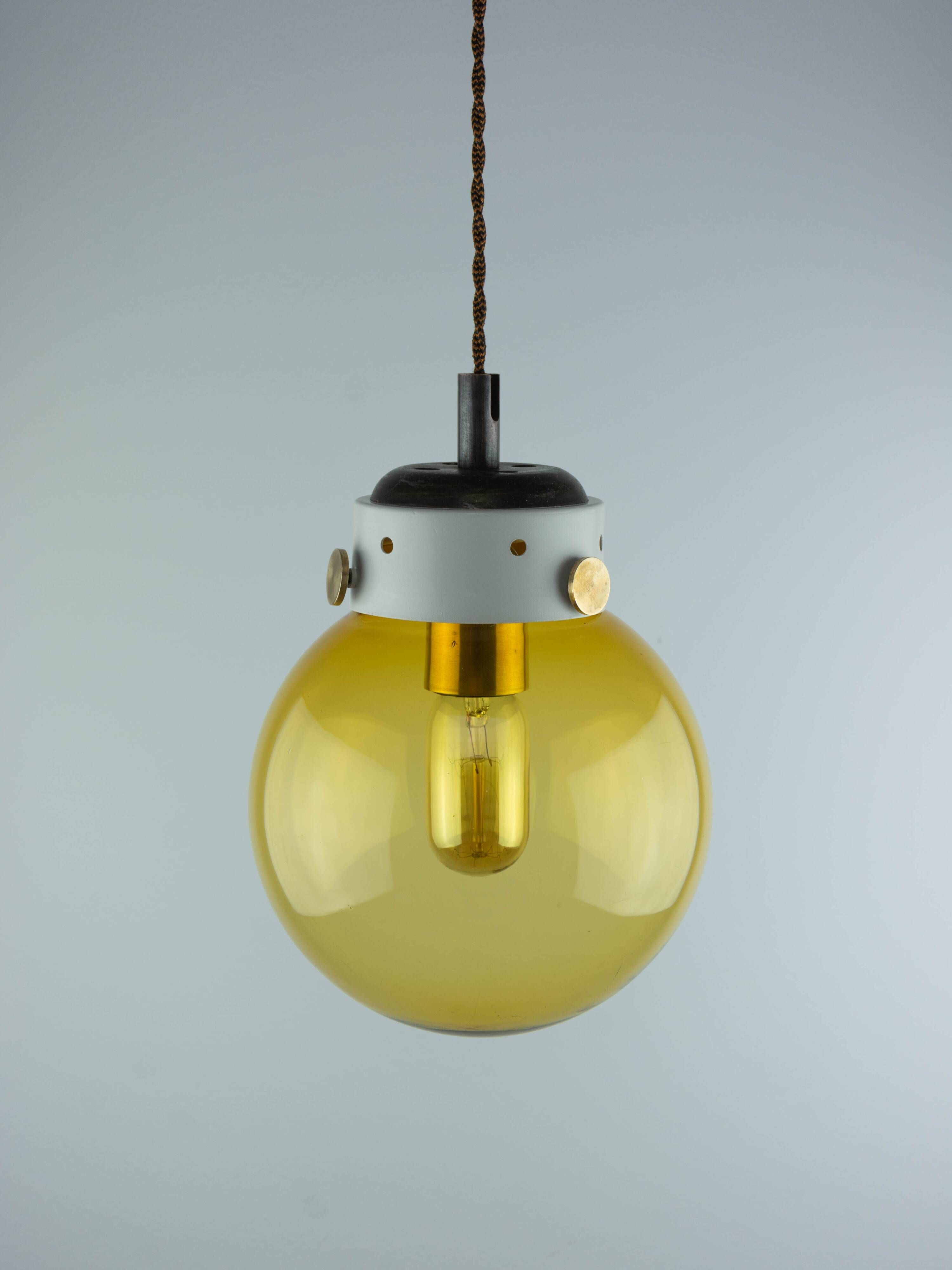 Vintage Mid-Century Modern Industrial Amber Glass And Brass Metal Lamp