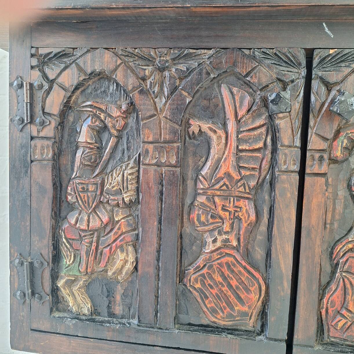 Arts of México Spanish colonial carved  painted console / sideboard, 1940s