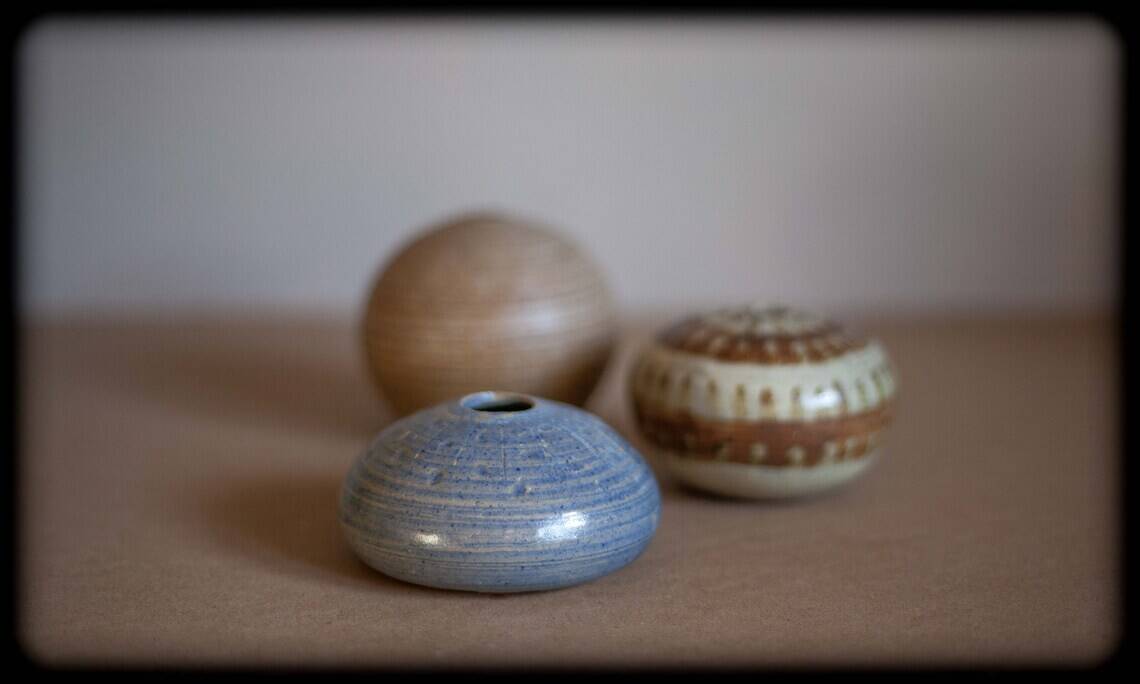 Set of 3 ceramic vases, ball vase and sea urchin vase, signed vase, collection,