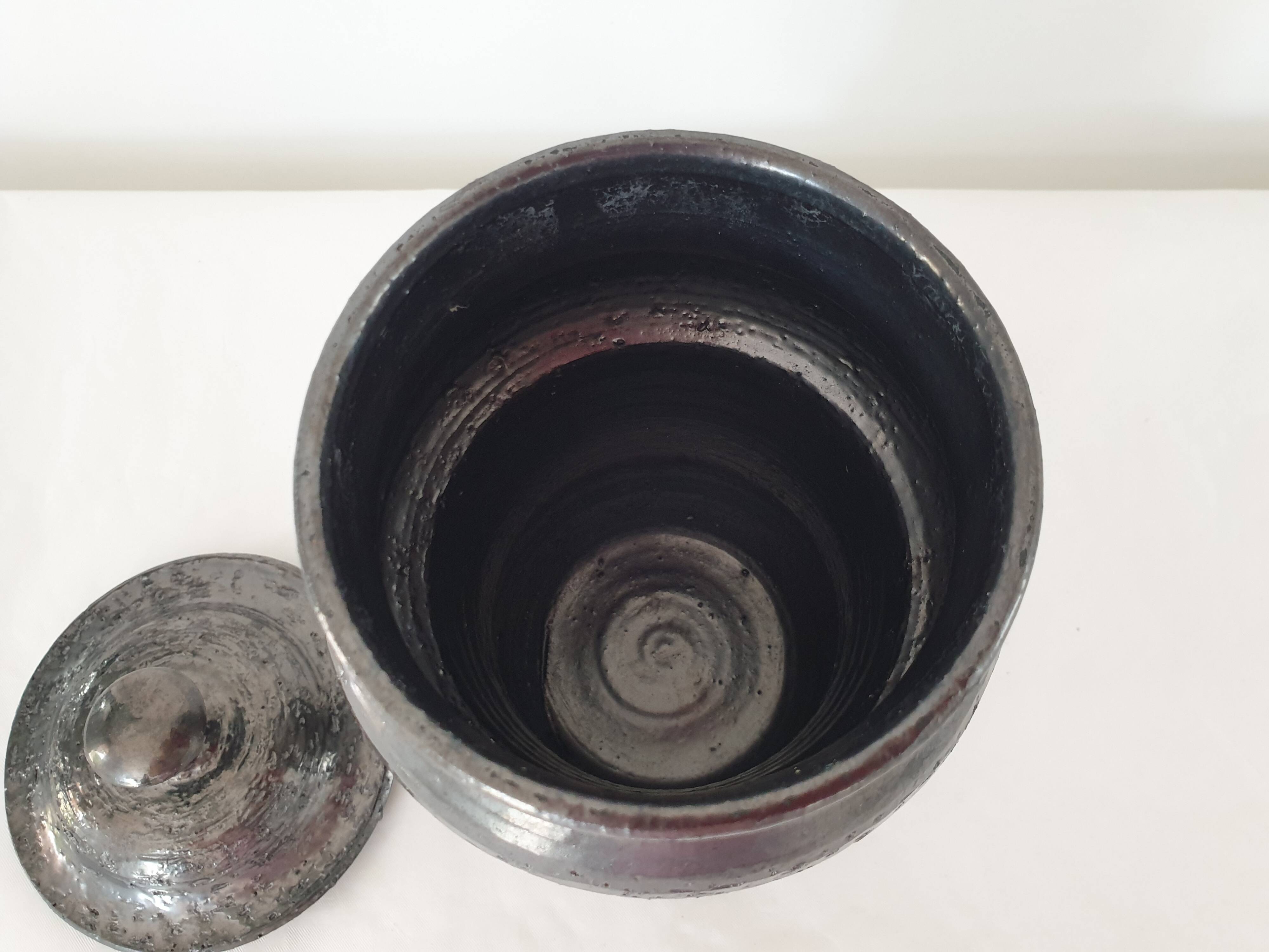 Covered pot on shower foot in black glazed chamotte terracotta Jean Marais